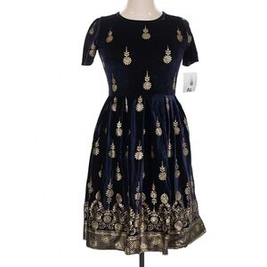LuLaRoe Womens Dress Size XL Amelia Elegant Navy Blue Velvet Gold Dip Floral NWT